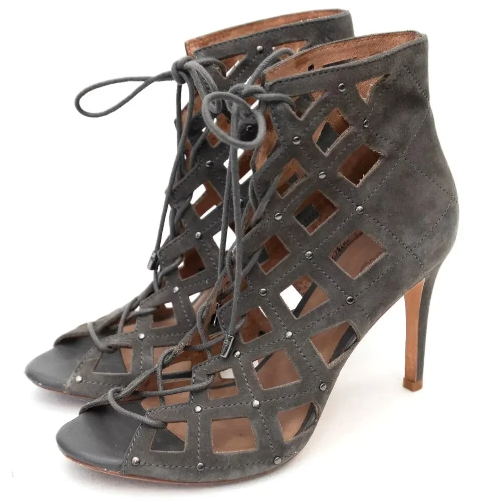 Joie Gray Sueded Cayla Studded Caged Lace Up Stiletto Heels Size 38 US 7.5